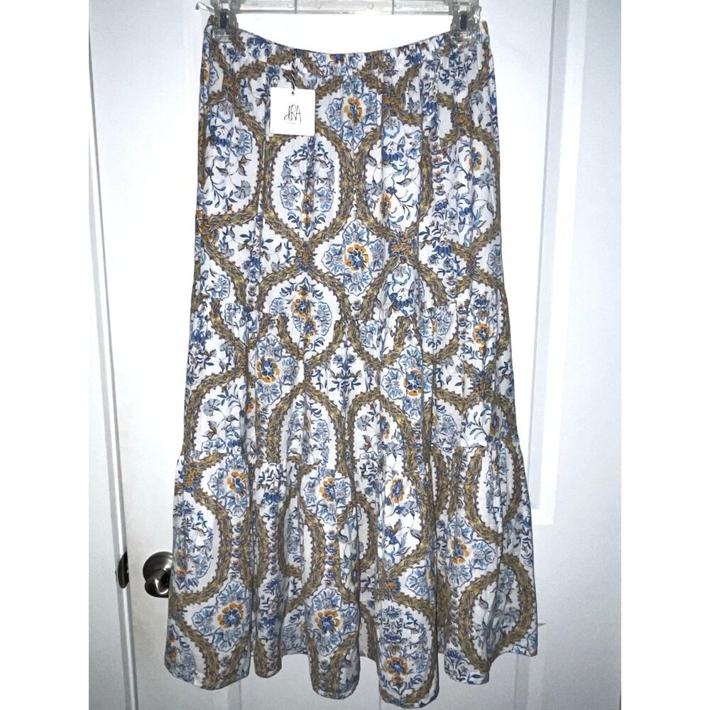 NEW Anthropologie DRA Maxi Skirt Cottagecore Floral Sz L Elastic Waist 30 - 40"